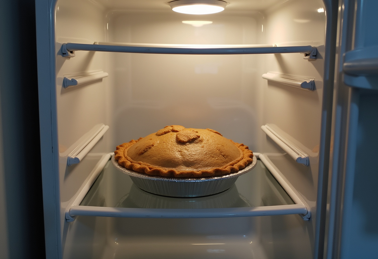 Coconut Cream Pie chilling in the refrigerator to set.