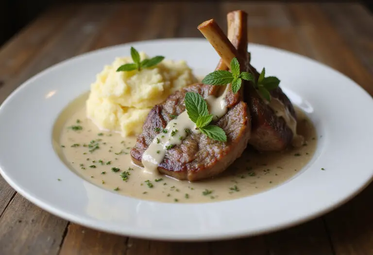 Creamy lamb chops with mint sauce served with mashed potatoes.