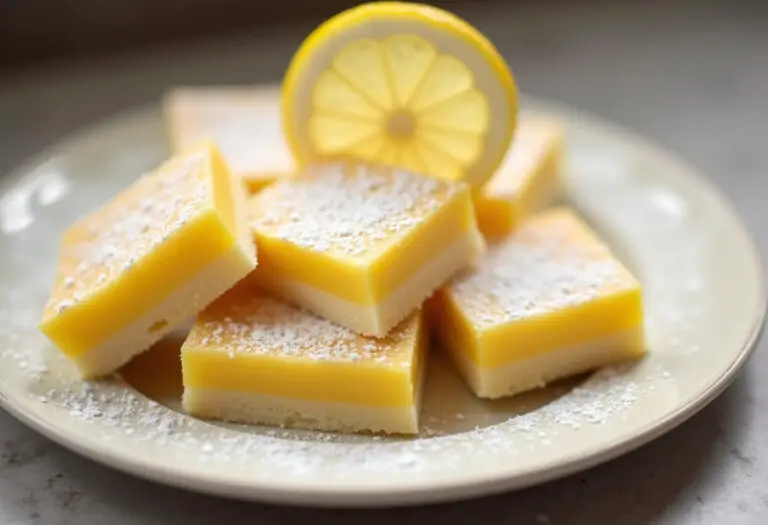 Delicious creamy lemon bars dusted with powdered sugar, ready to be served.