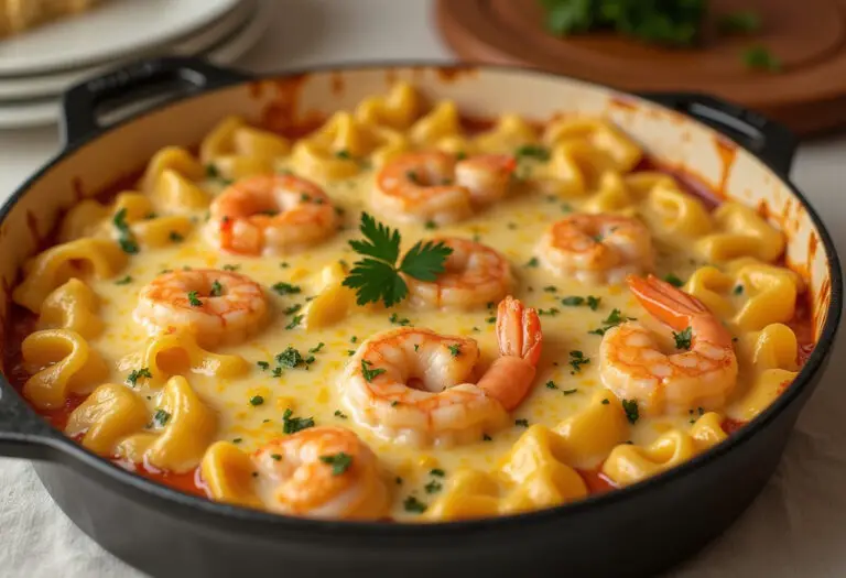 Baked Creamy Shrimp Tortellini Alfredo Casserole with parsley garnish, ready to serve.