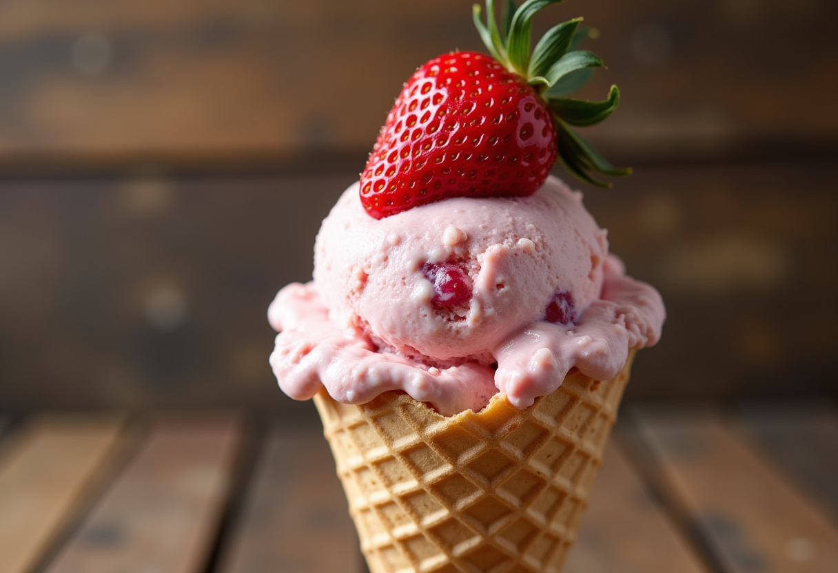 Delicious creamy strawberry ice cream with fresh chunks in a waffle cone.