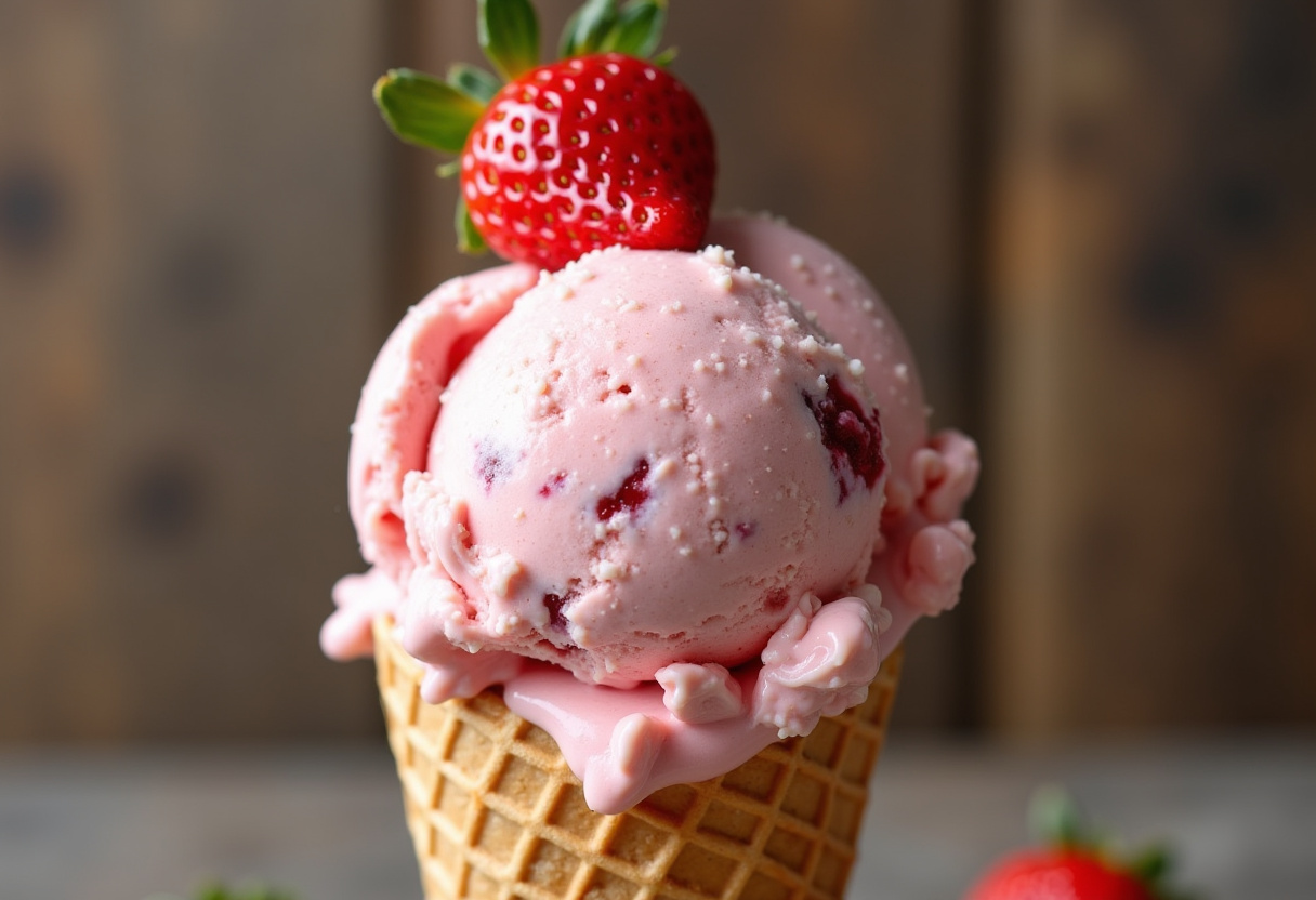 Delicious creamy strawberry ice cream with fresh chunks in a waffle cone.