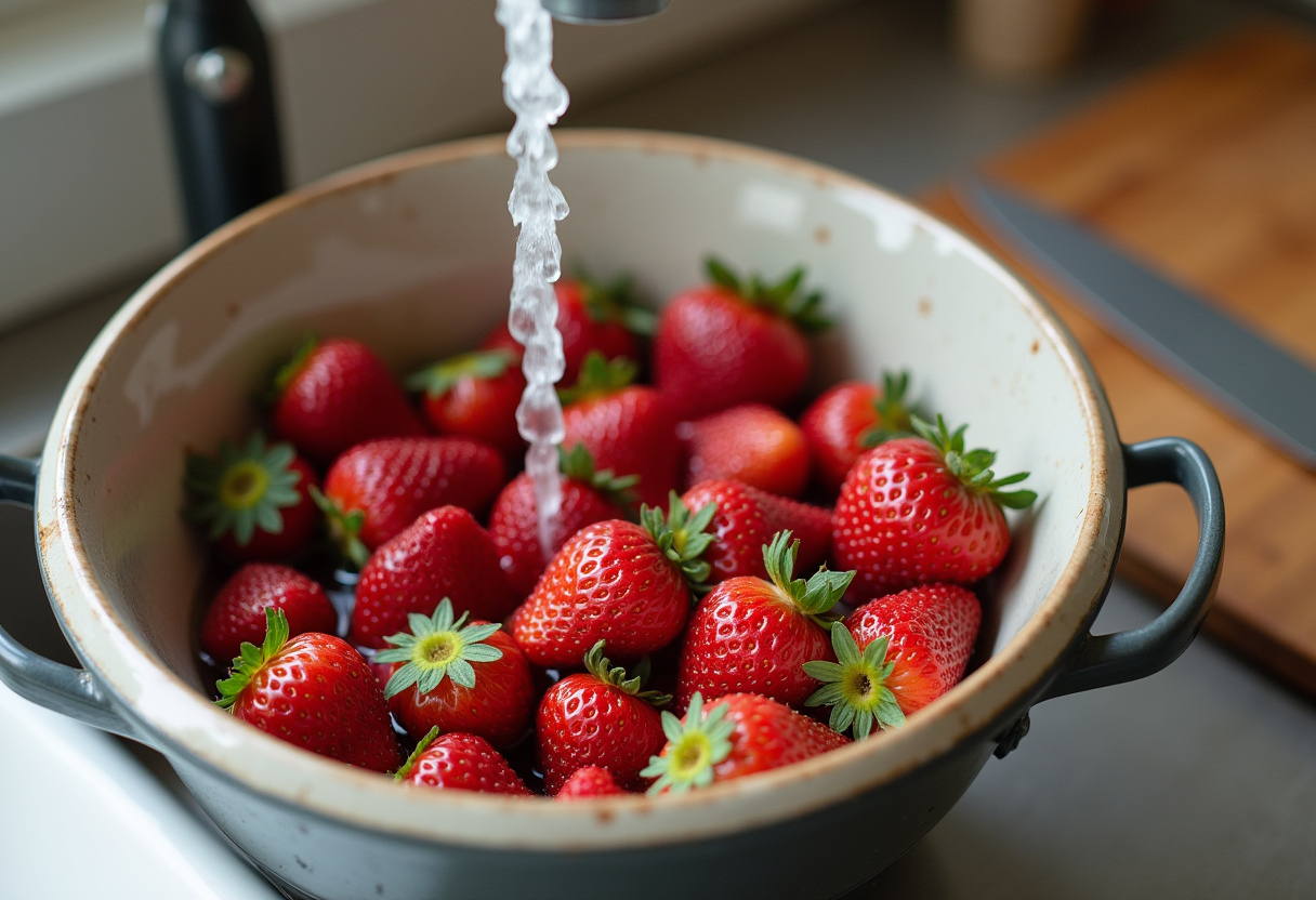 Fresh strawberries being prepared for creamy strawberry ice cream.