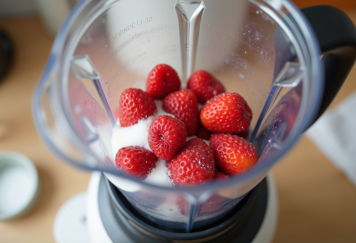 Strawberries, cream, and sugar in a blender for homemade ice cream.