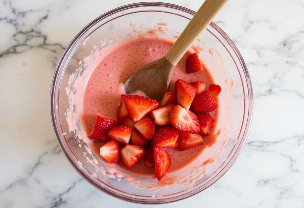 Creamy strawberry ice cream mixture with fresh chunks being prepared.