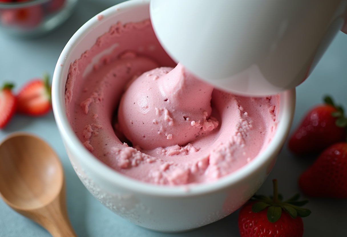 Strawberry ice cream mixture churning in an ice cream maker.