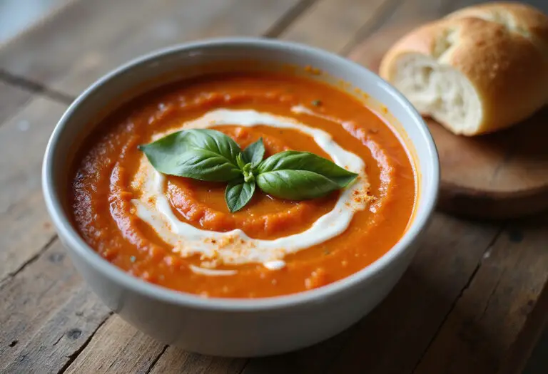 Finished Creamy Tomato Basil Soup garnished with cream and basil, ready to serve.