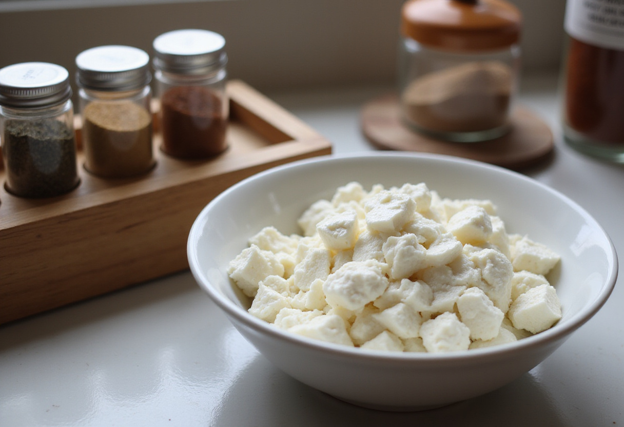 Preparing cottage cheese with spices for making low carb chips.