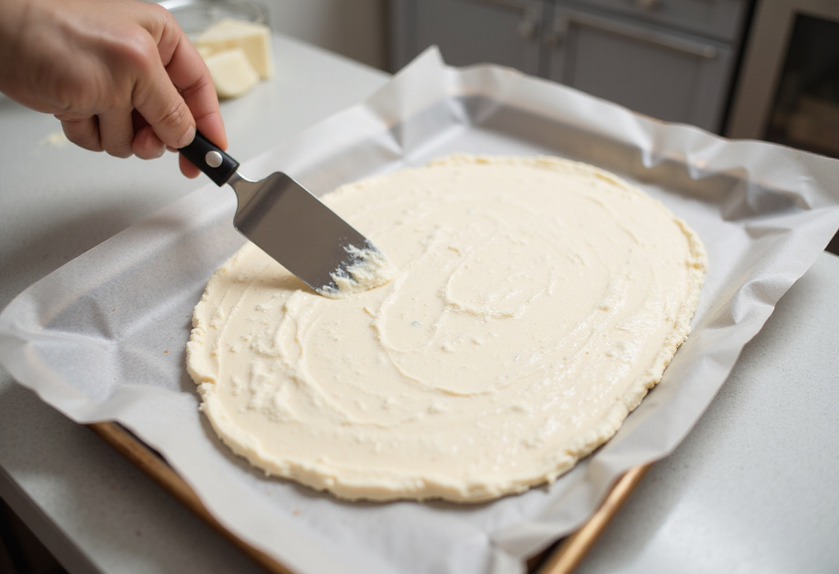 Spreading cottage cheese thinly on parchment paper for baking chips.
