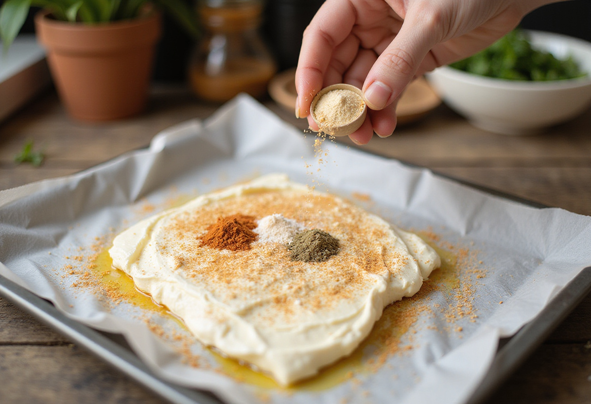 Seasoning cottage cheese spread with spices before baking into chips.