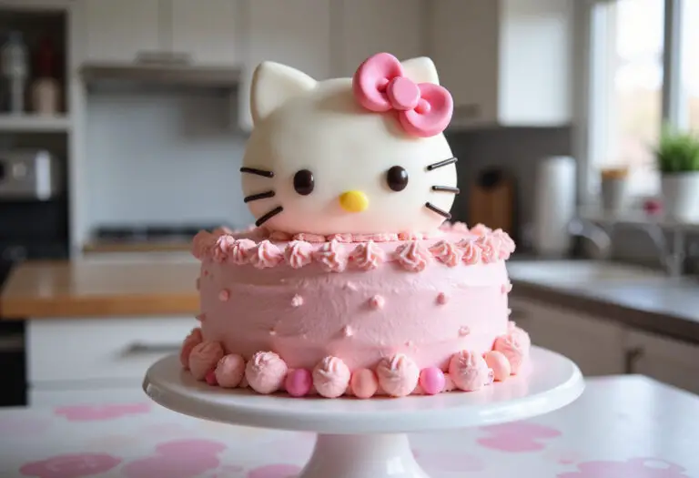 Finished Hello Kitty cake decorated with pink frosting and candy, a creative cake idea.