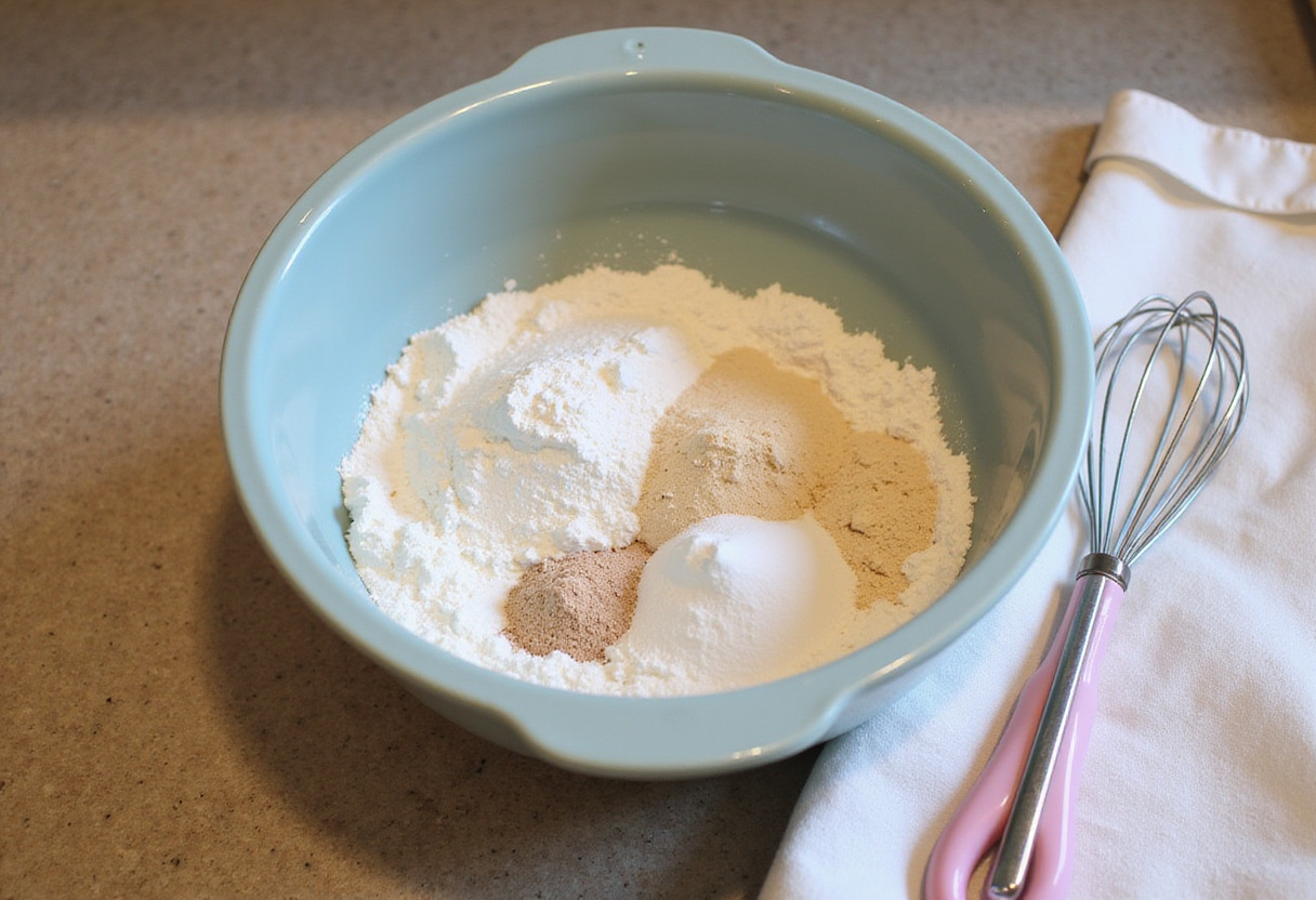 Ingredients for a Hello Kitty cake recipe for beginners laid out on a kitchen counter.