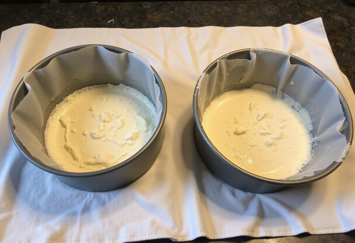 Cake pans prepared for baking a Hello Kitty cake to prevent sticking.