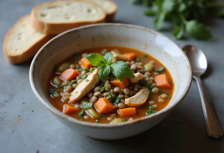 Finished bowl of hearty high-protein lentil and chicken soup, ready to serve.