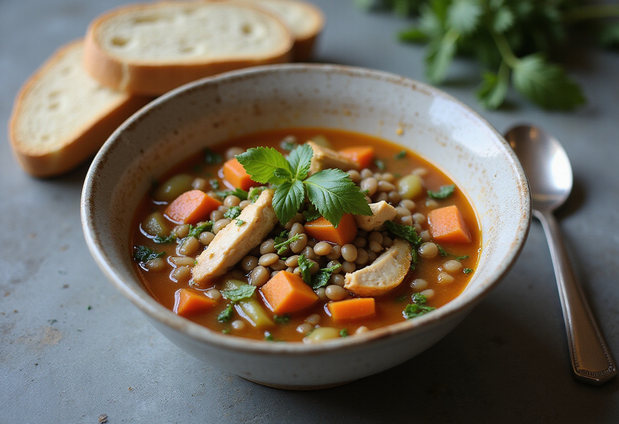 Finished bowl of hearty high-protein lentil and chicken soup, ready to serve.
