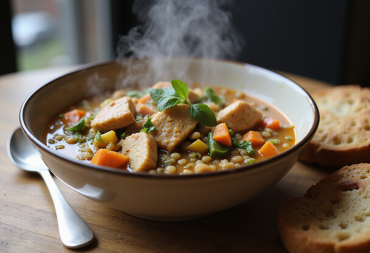 Finished bowl of hearty high-protein lentil and chicken soup, ready to serve.