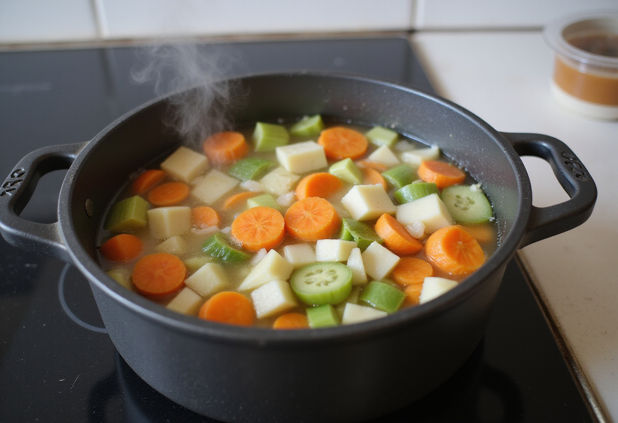 Vegetable broth simmering with diced vegetables, the first step in making a high protein soup.
