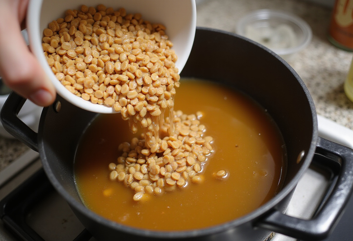 Lentils being added to simmering vegetable broth for a protein-rich soup.