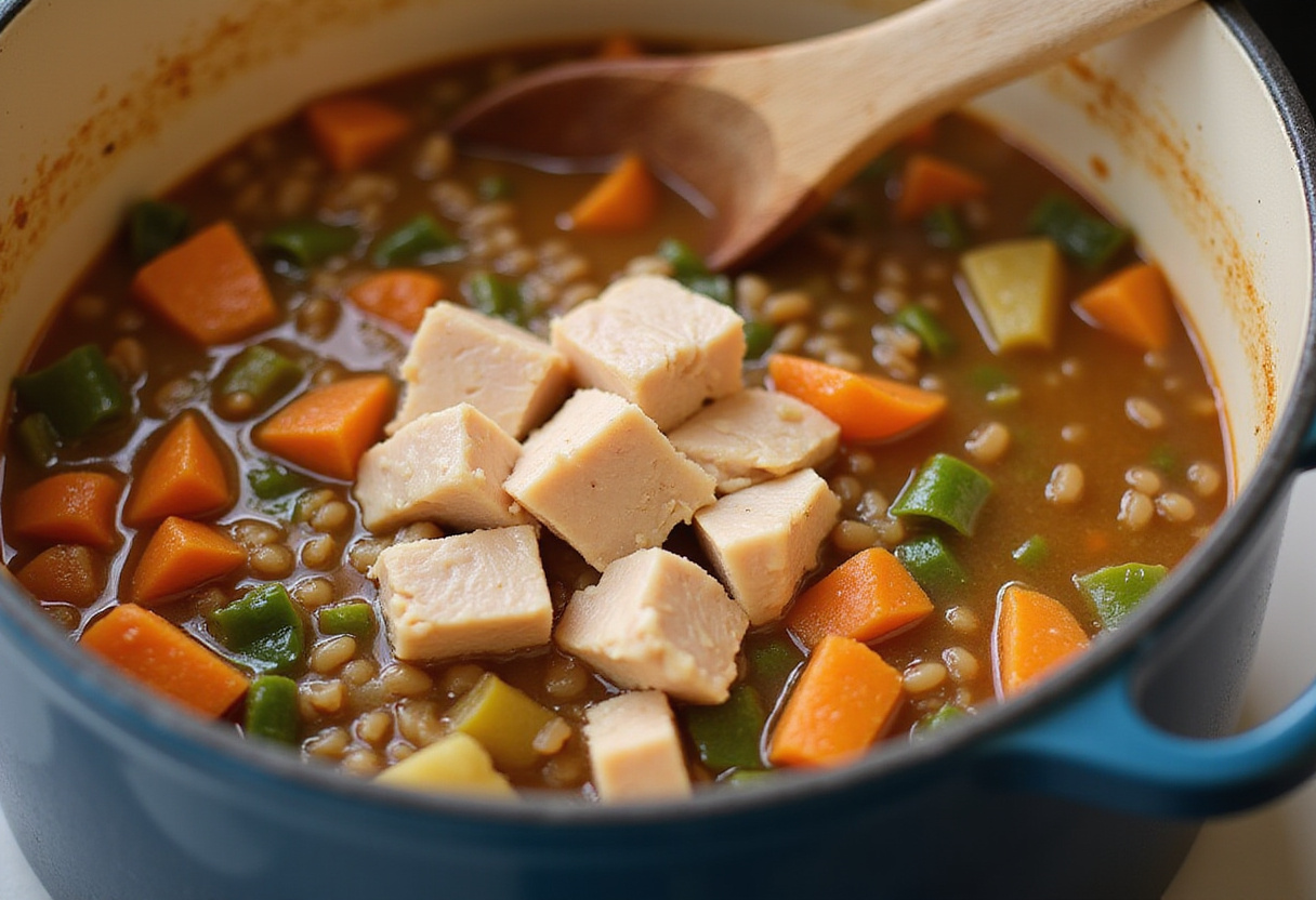 Diced chicken breast being added to the soup for a high-protein soup recipe.