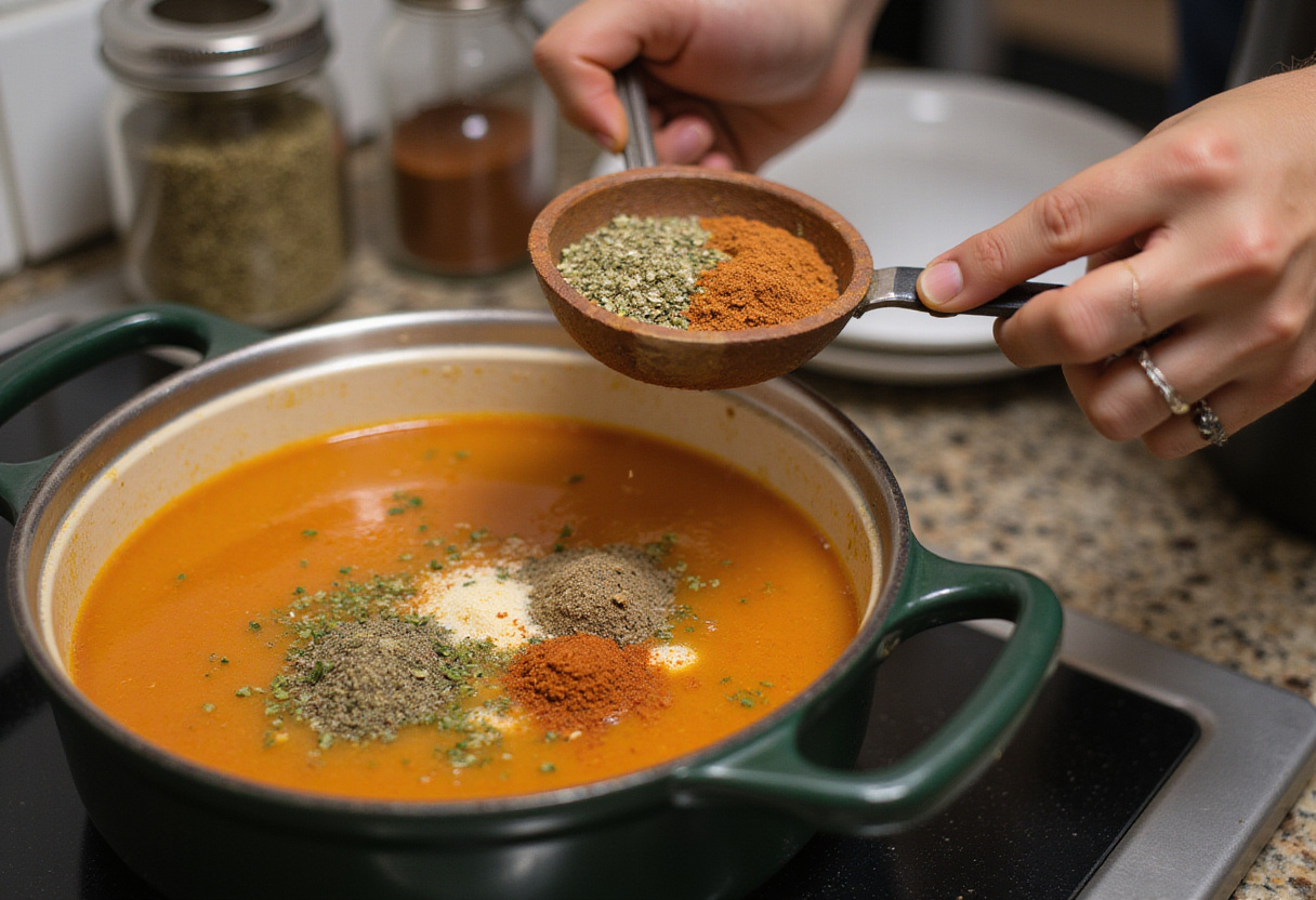 Adding spices and herbs to a simmering high-protein soup.
