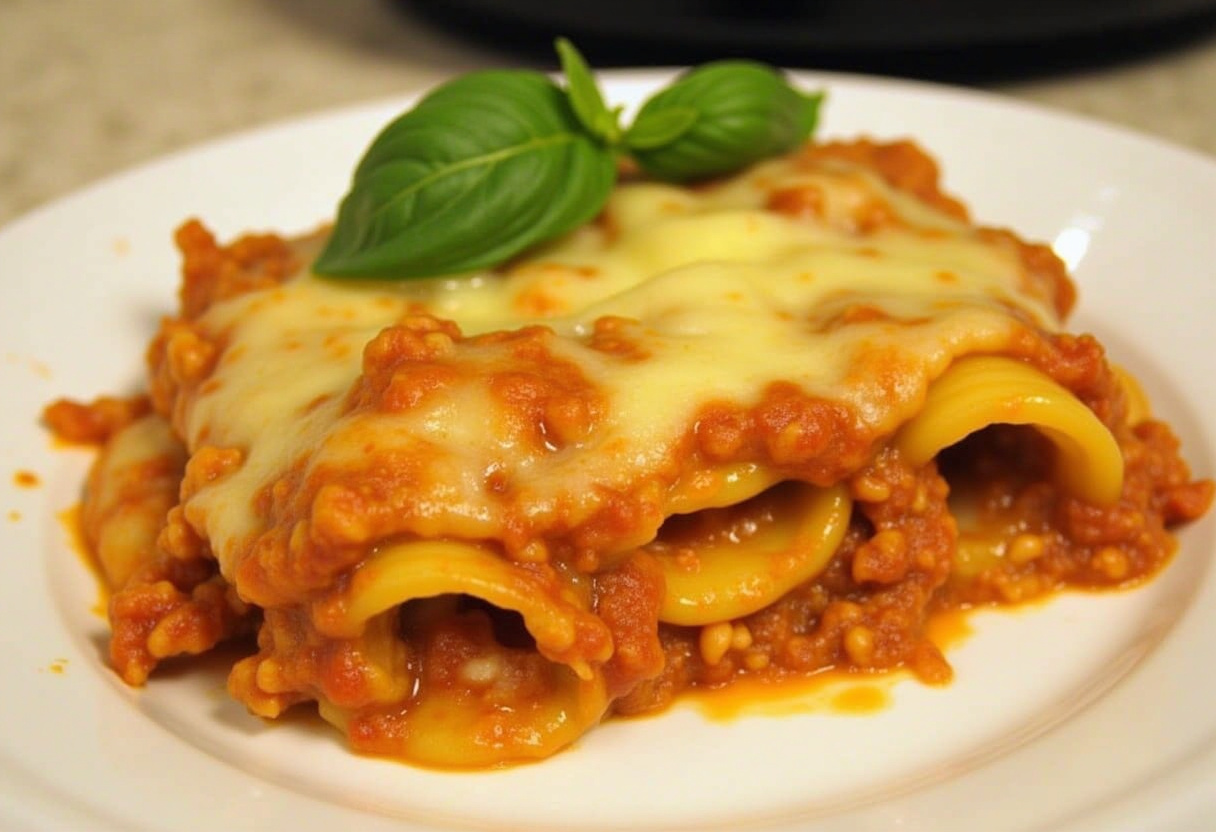 Delicious Crockpot Ravioli Lasagna with melted cheese and fresh basil garnish, ready to serve.