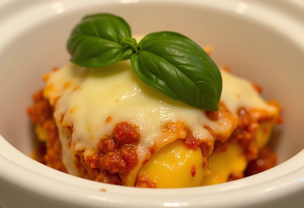 Delicious Crockpot Ravioli Lasagna with melted cheese and fresh basil garnish, ready to serve.