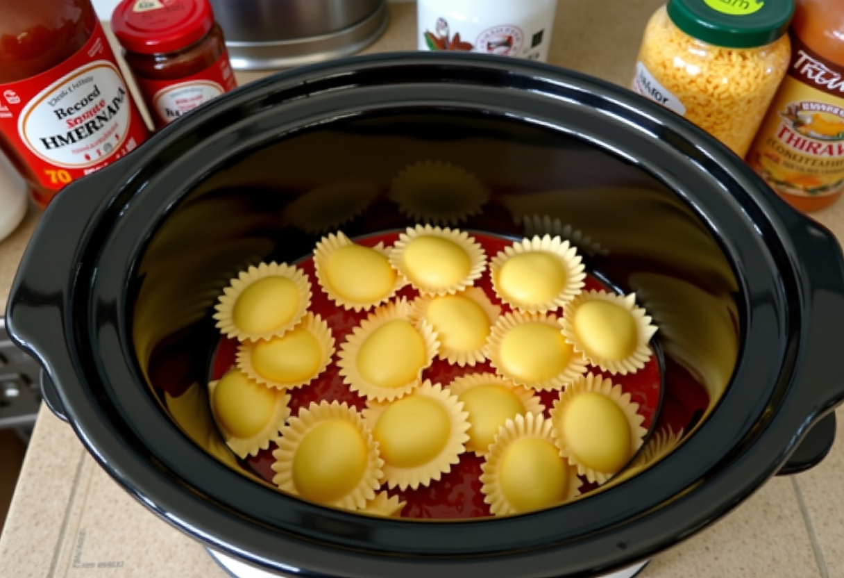 Store-bought ravioli arranged in a crockpot for making Crockpot Ravioli Lasagna.