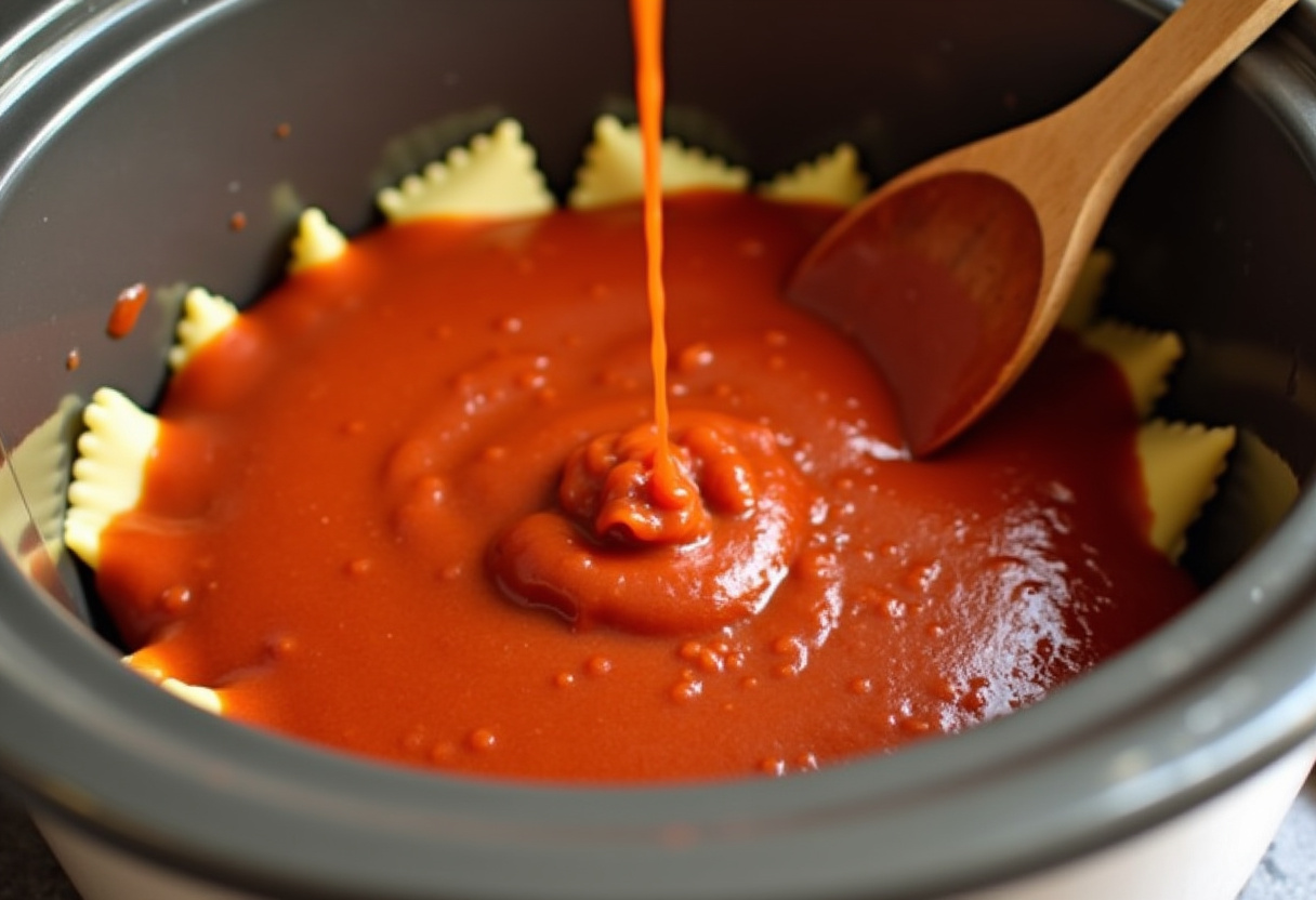 Marinara sauce being poured over ravioli for Crockpot Ravioli Lasagna.