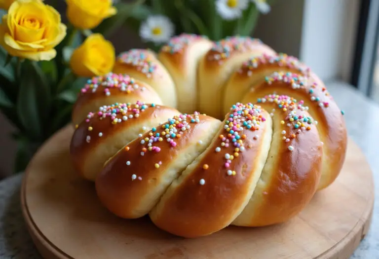 Finished Easy Braided Easter Bread with glaze and sprinkles, ready for Easter celebration.
