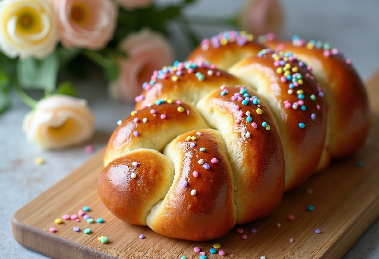 Finished Easy Braided Easter Bread with glaze and sprinkles, ready for Easter celebration.