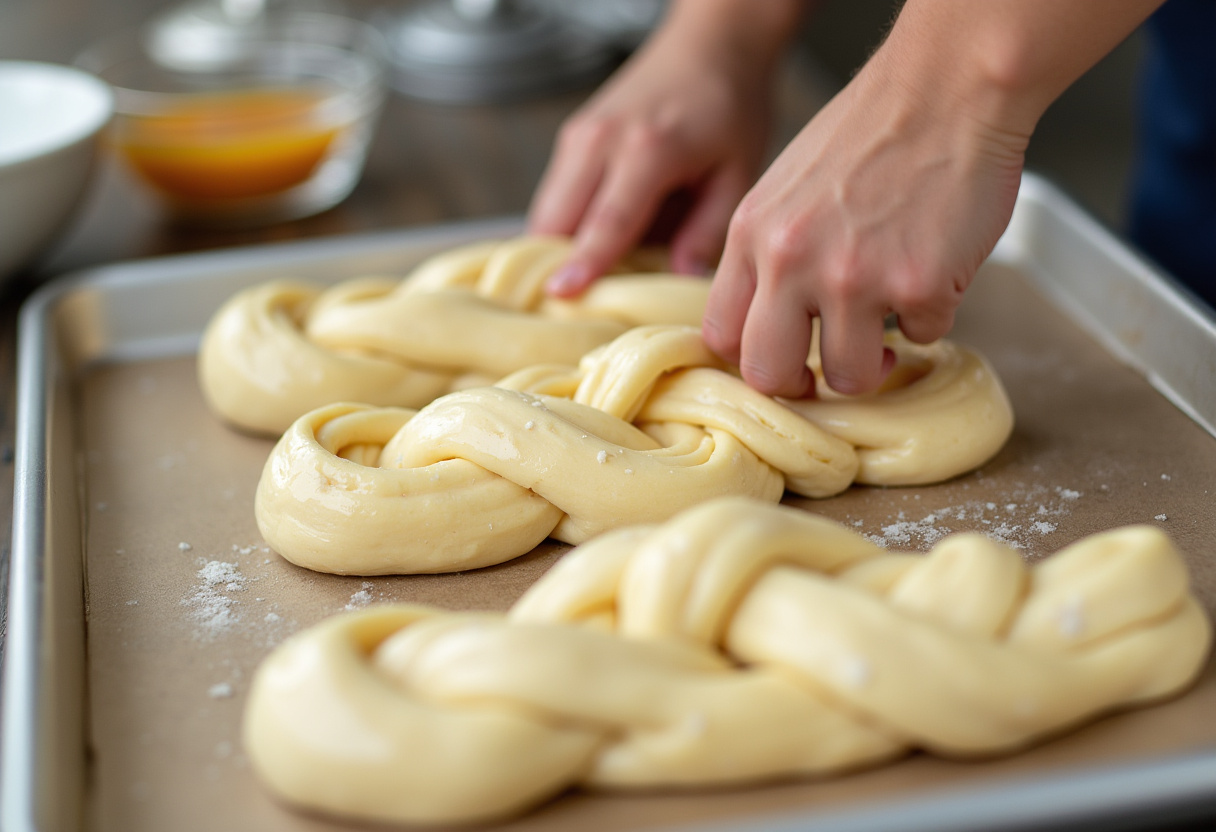 Braiding dough strands for Easy Braided Easter Bread on a baking sheet.
