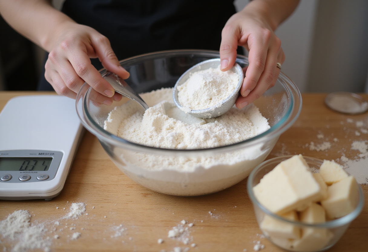 Measuring flour for an effortless batard bread recipe.