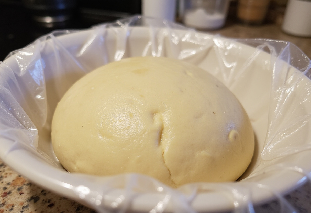 Batard bread dough proofing in a bowl.
