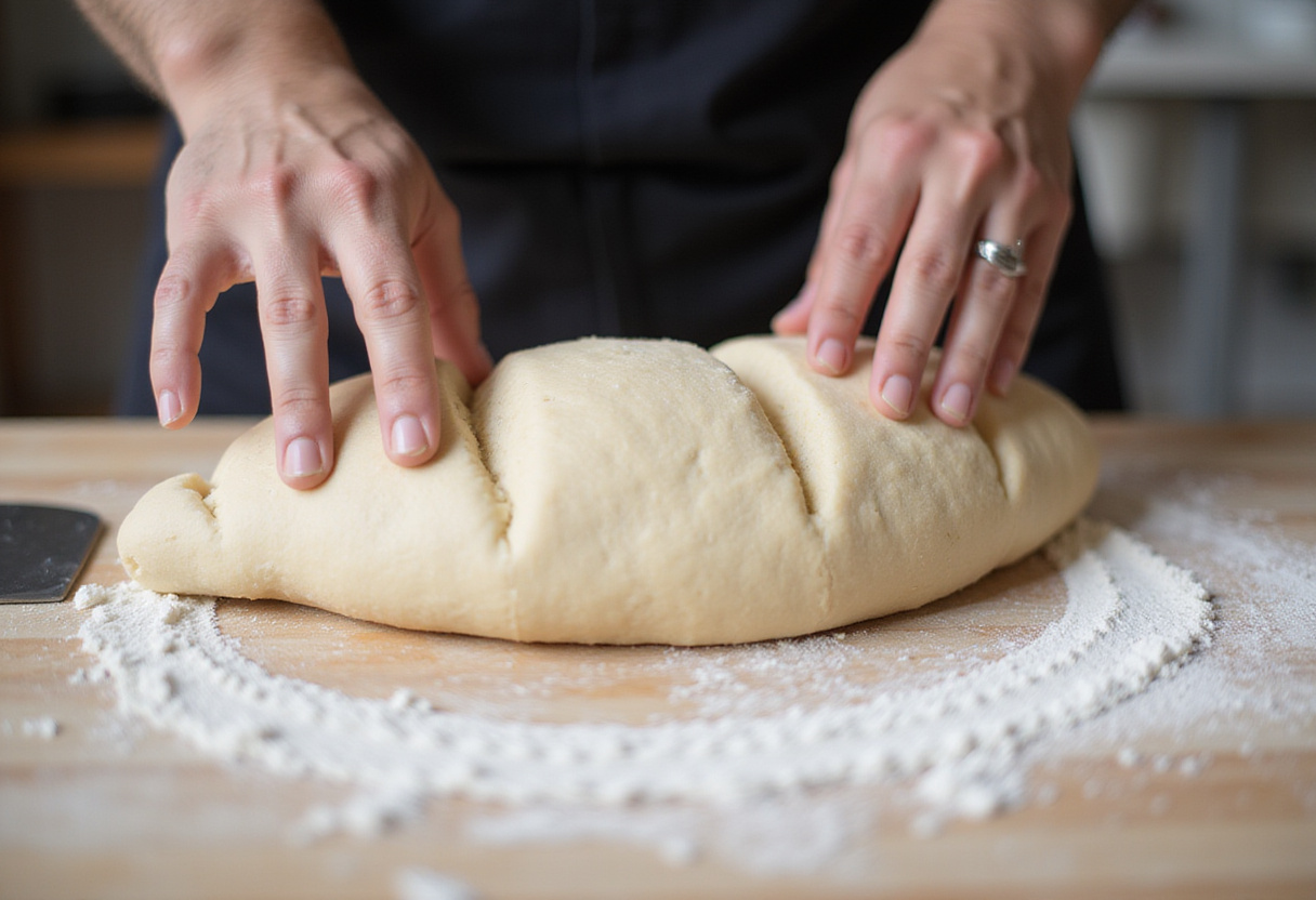 Shaping batard bread dough.