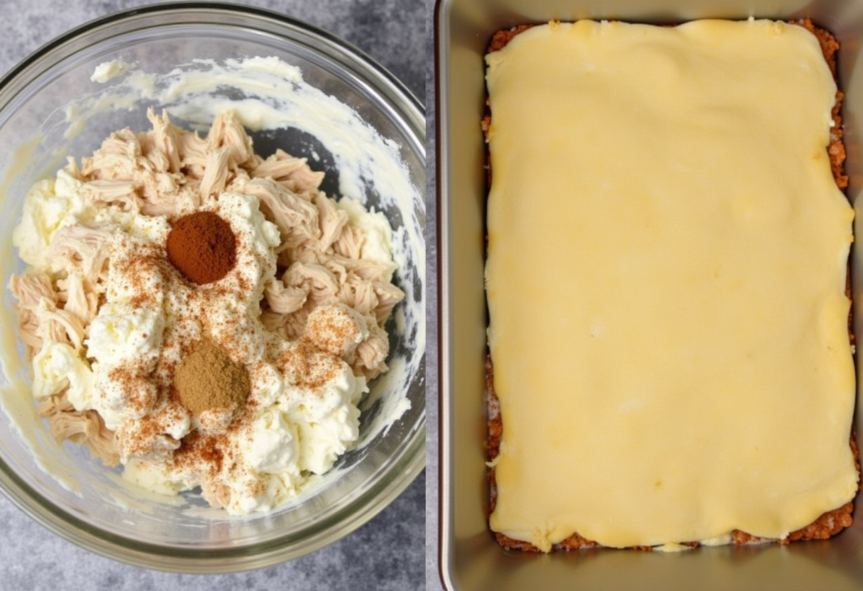Shredded chicken and cream cheese mixture prepared for filling the crescent rolls.