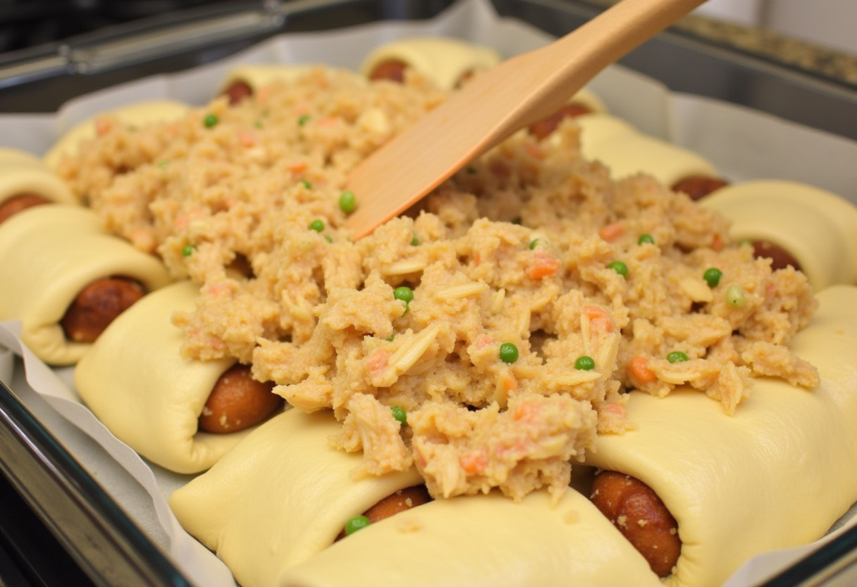Chicken mixture spread over crescent roll dough for Effortless Chicken Crescent Bake.