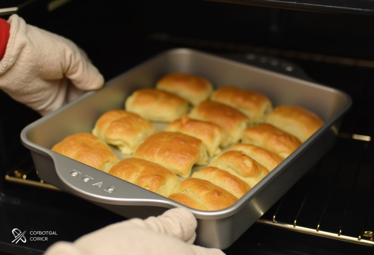 Baking dish with chicken-filled crescent rolls being placed in the oven.