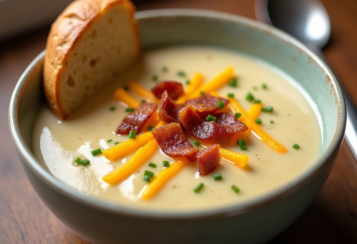 Creamy potato soup topped with cheese, bacon, and chives, ready to enjoy.