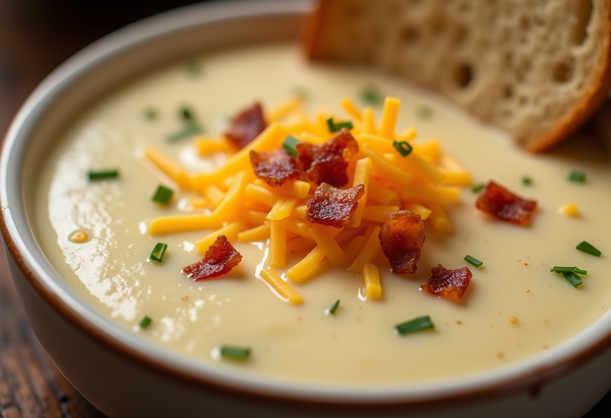 Creamy potato soup topped with cheese, bacon, and chives, ready to enjoy.