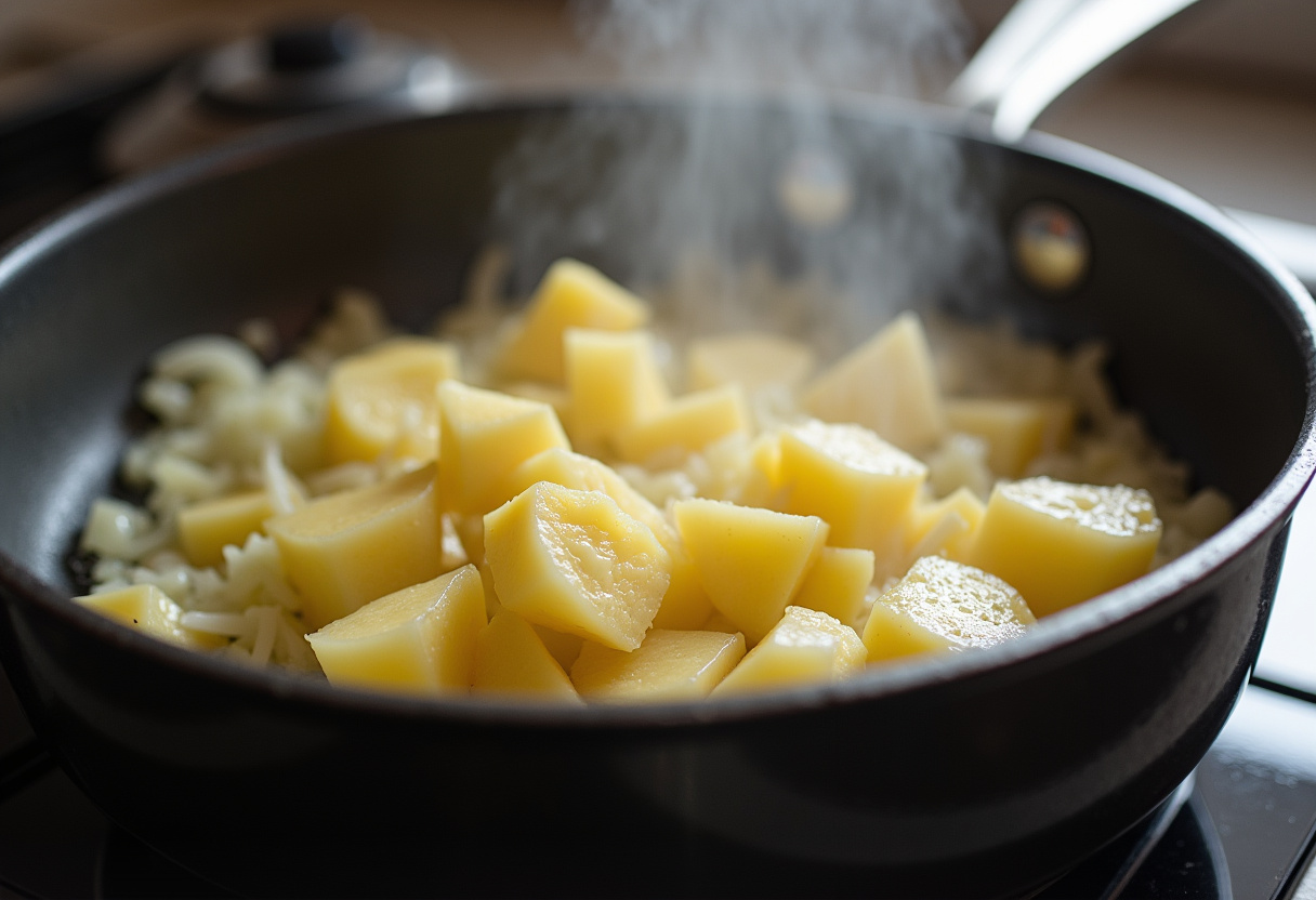 Diced potatoes, onions, and garlic sautéing in butter for creamy potato soup.