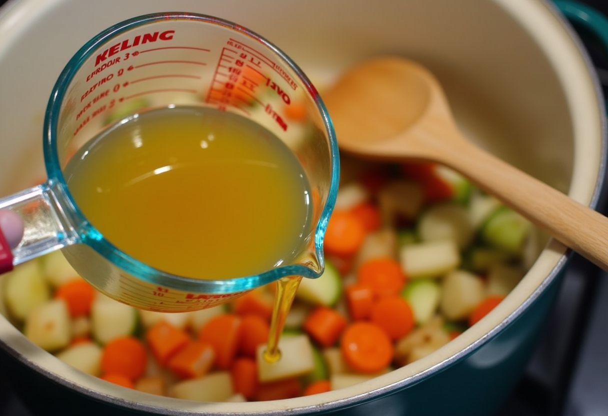 Chicken broth being added to sautéed vegetables for creamy potato soup.