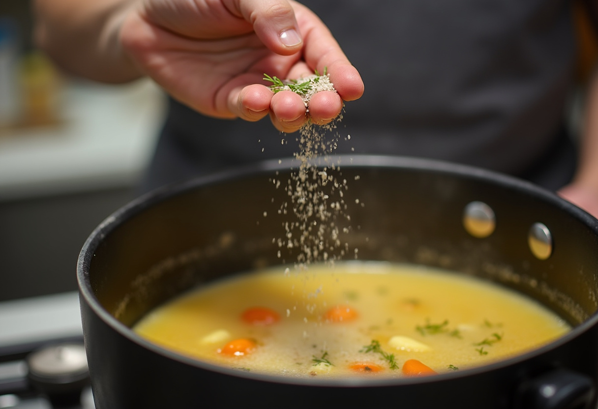 Seasonings being added to simmering potato soup for flavor.