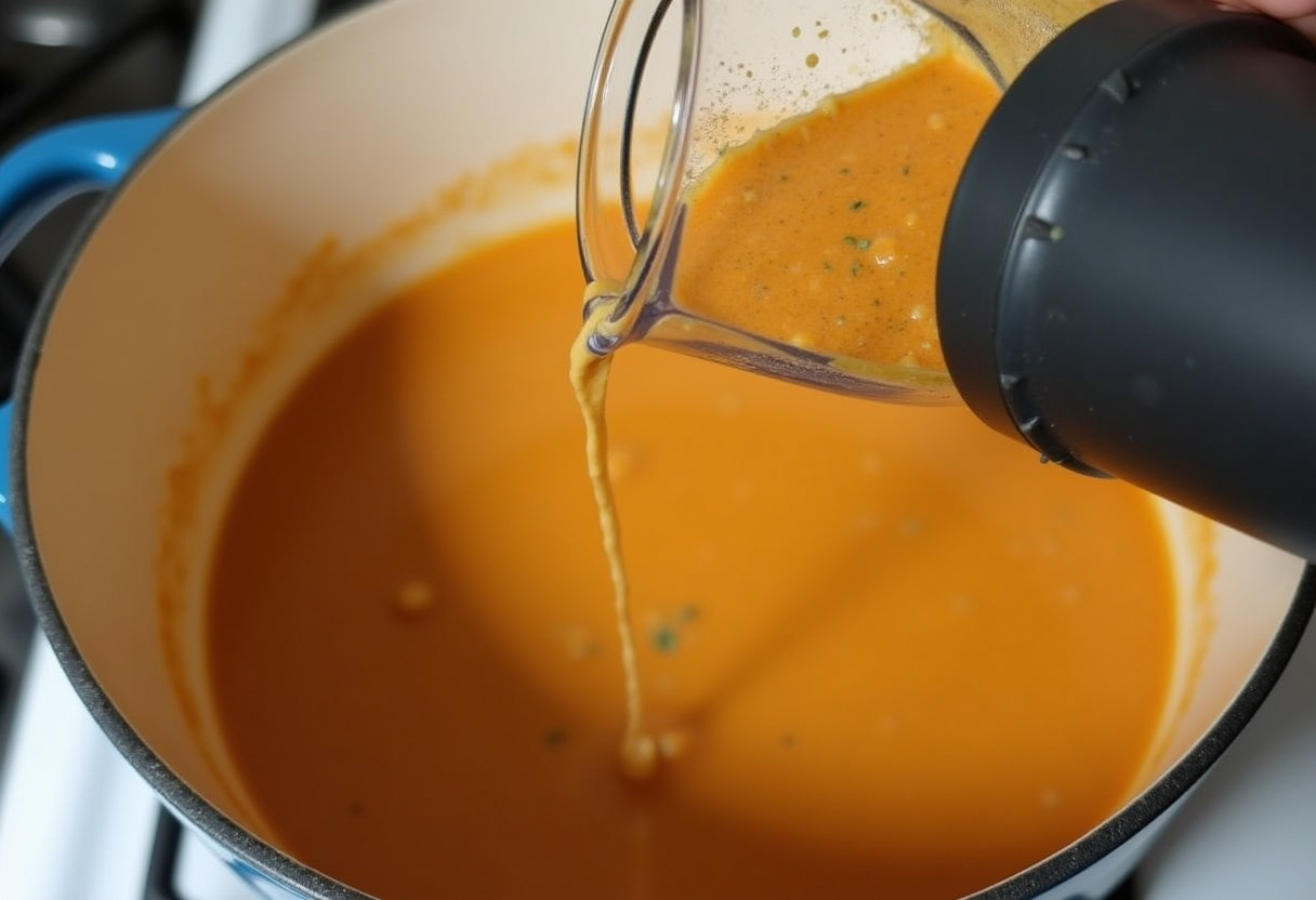 Blending part of the potato soup to achieve a creamy consistency.