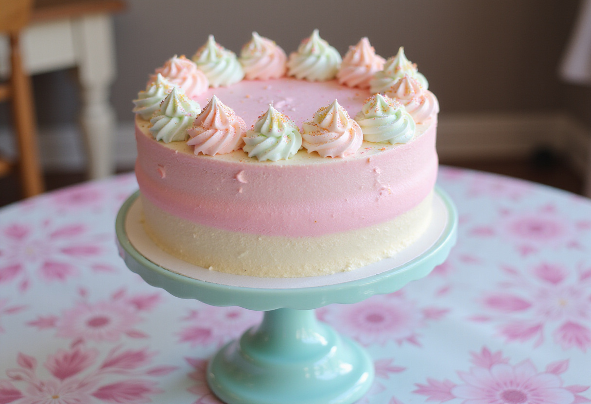 Finished Effortless Cotton Candy Cake with frosting and glitter.
