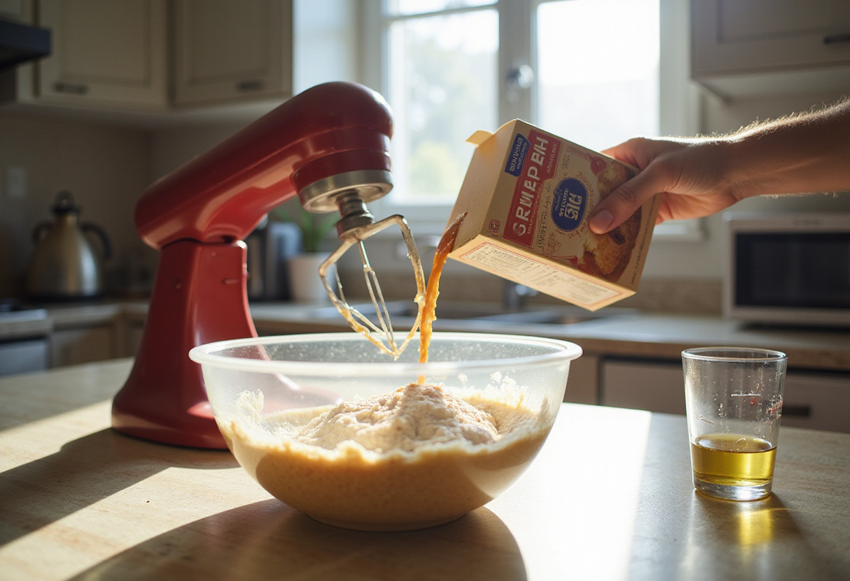 Cake mix being poured in the bowl for Effortless Cotton Candy Cake.