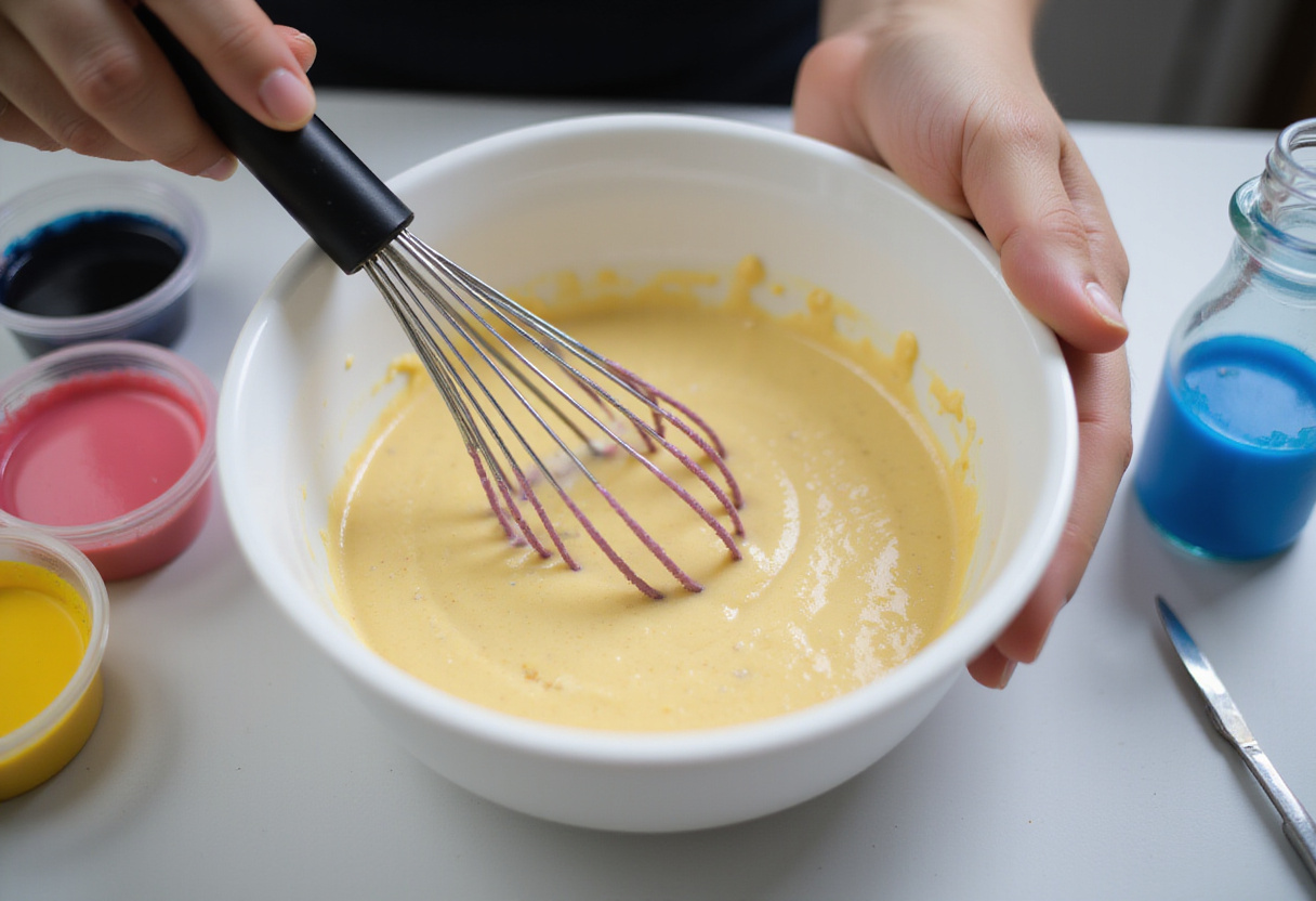 cake batter for the Cotton Candy Cake being mixed with a whisk.
