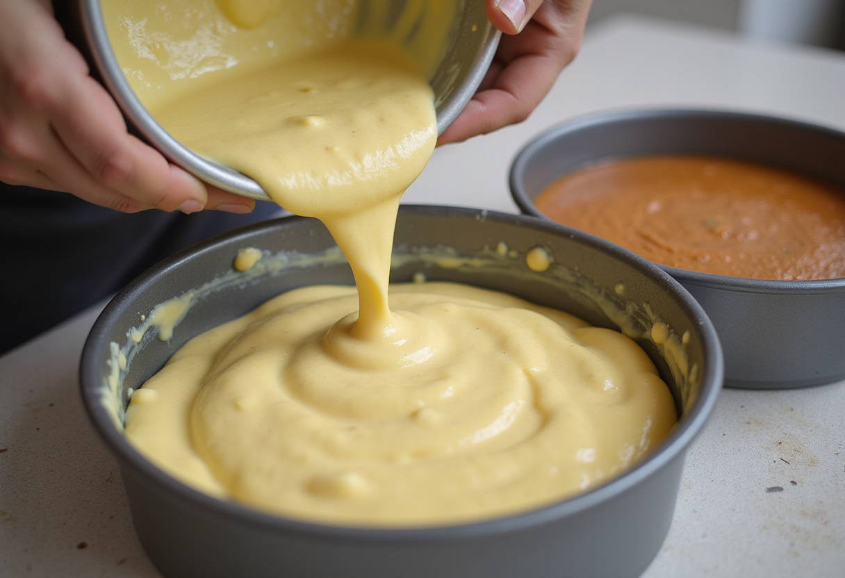 Cotton Candy Cake batter being poured into baking pans.