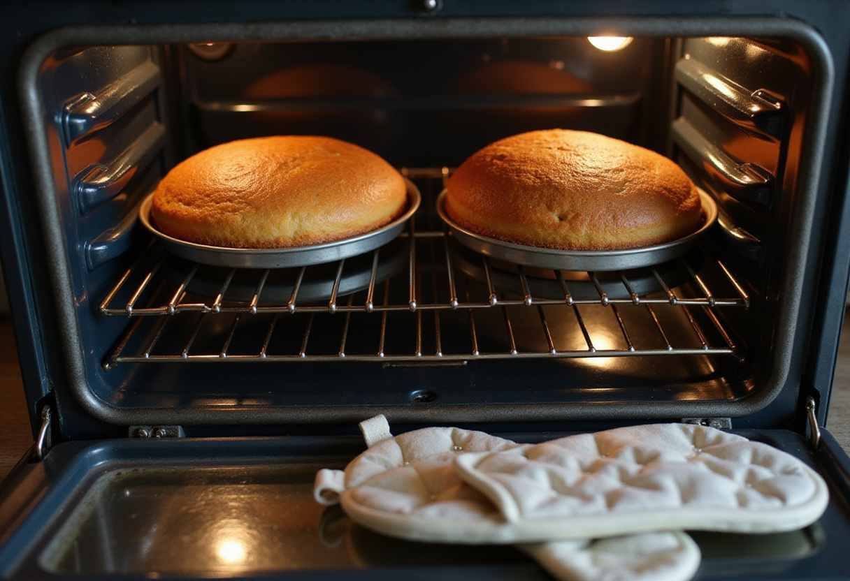 Cake layers of Cotton Candy Cake baking in the oven.