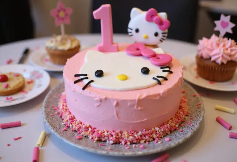 Delicious finished Hello Kitty cake decorated with pink frosting and candy sprinkles.