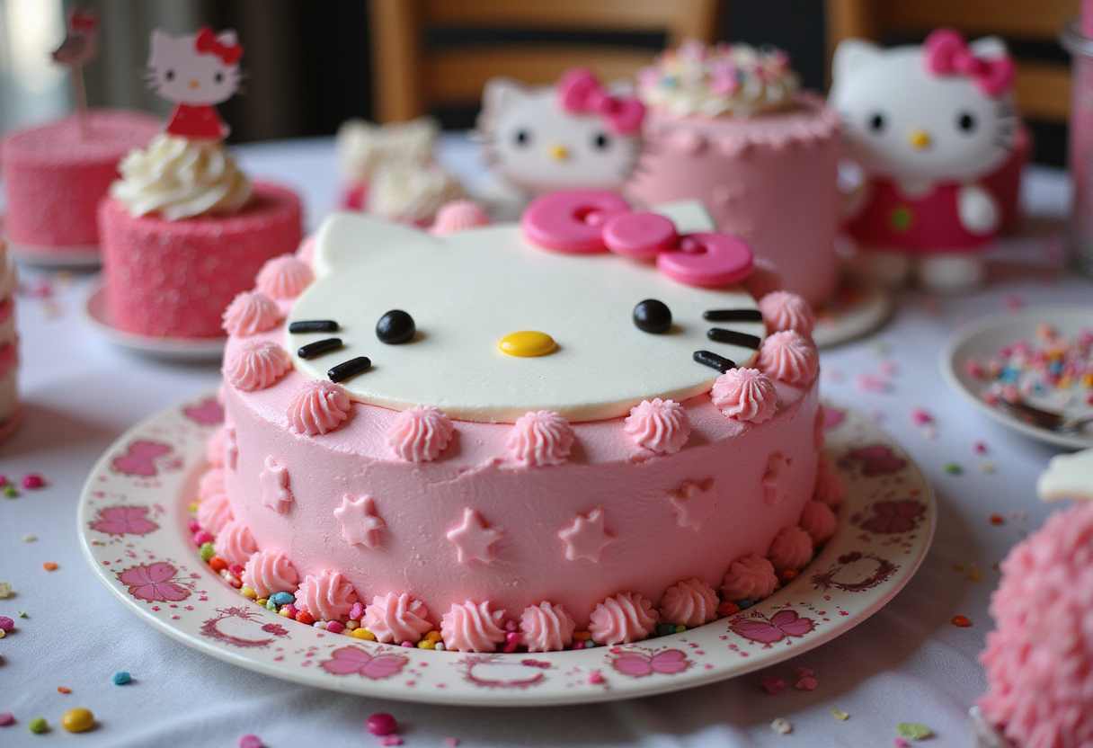 Delicious finished Hello Kitty cake decorated with pink frosting and candy sprinkles.